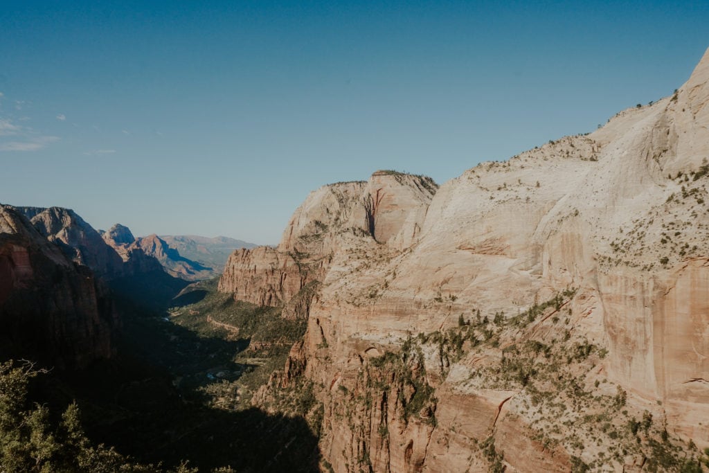 View of the valley and red rocks from Angels Landing in Zion National Park