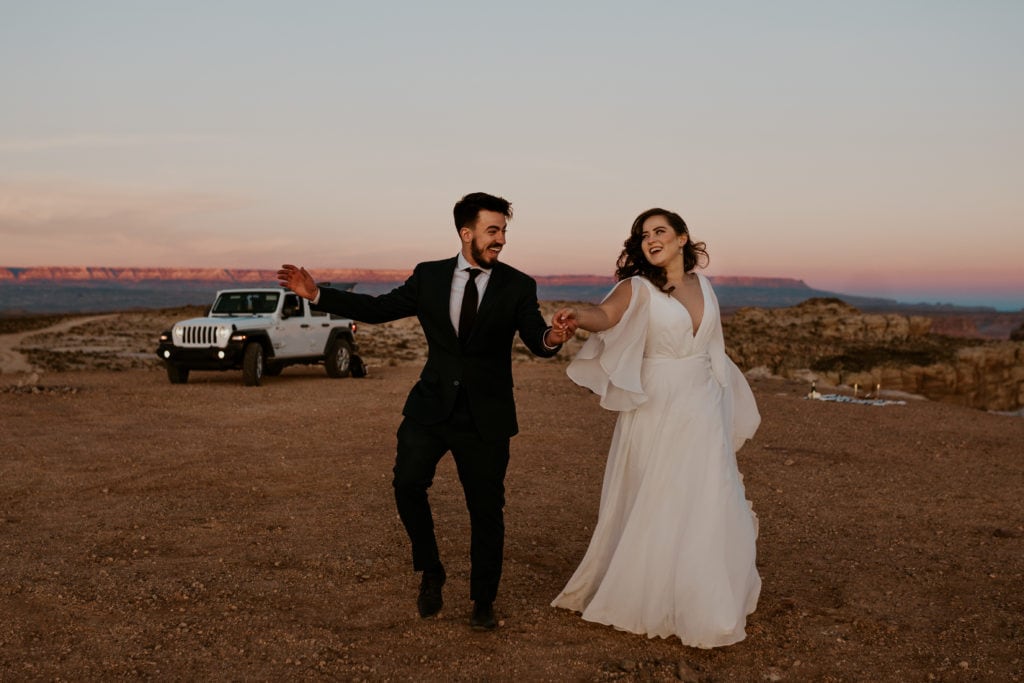 Couple dancing after their Lake Powell elopement